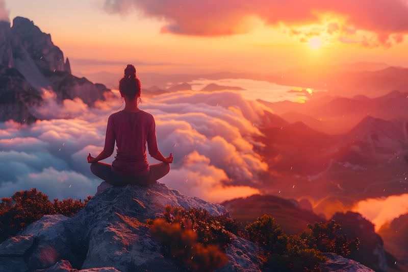 The image shows a person sitting cross-legged on a rock, meditating while overlooking a stunning landscape. The setting includes mountains and clouds, with a vibrant sunset casting orange and pink hues across the sky. The overall atmosphere conveys a sense of tranquility and connection with nature.