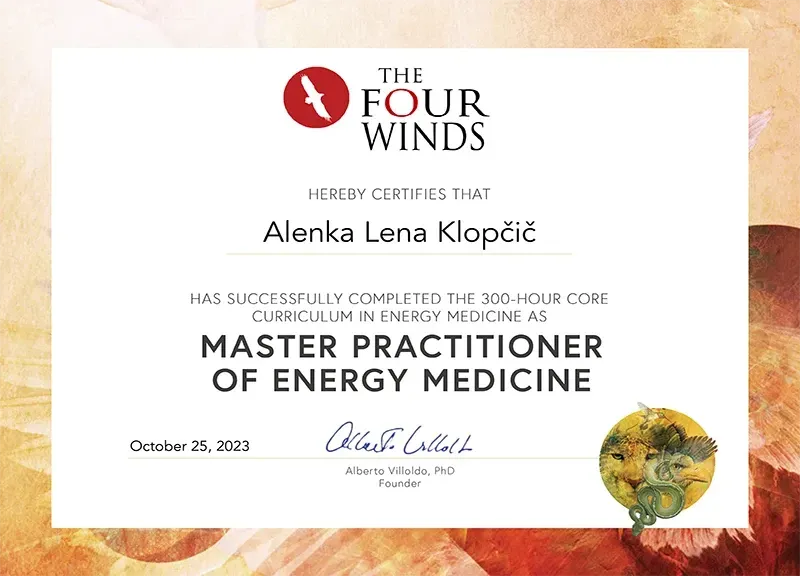 The image is a certificate from "The Four Winds" organization, indicating that an individual has completed a 300-hour core curriculum in energy medicine. The certificate states the title "Master Practitioner of Energy Medicine" and includes the date, October 25, 2023. It features decorative elements, including colorful designs and a symbol of a snake or similar motif, along with a signature from a founder.