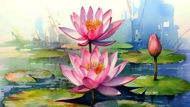 The image features a serene water scene with three pink lotus flowers blooming amidst green lily pads. Two of the flowers are fully open, showcasing their vibrant petals and yellow centers, while a third flower is still in a bud stage. The water surface reflects the flowers and the surrounding greenery, creating a tranquil atmosphere. The background is softly blurred and hints at additional foliage or reflections, enhancing the peaceful ambiance of the scene.