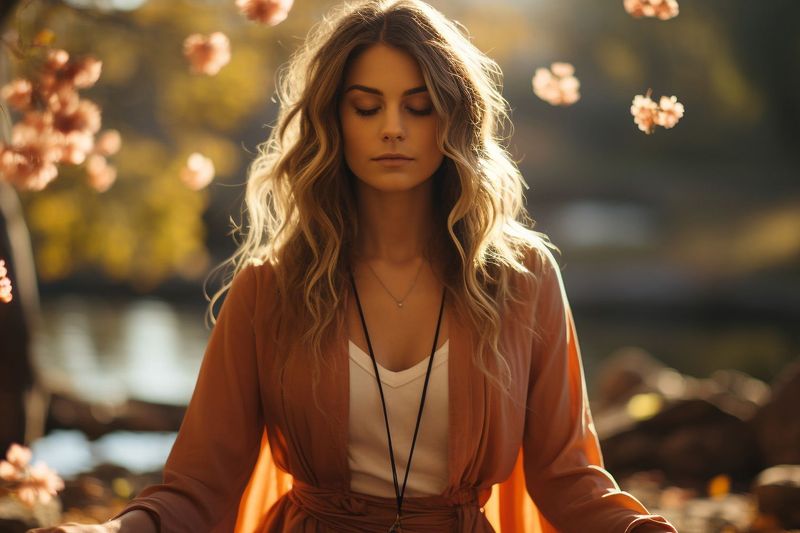 The image features a woman meditating in a serene outdoor setting. She has long, wavy hair and is wearing a flowing, rust-colored garment over a white top. The environment is adorned with soft, pink flower petals floating in the air, suggesting a tranquil atmosphere. In the background, there is a body of water and the presence of soft, natural light filtering through trees, creating a warm and peaceful ambiance.