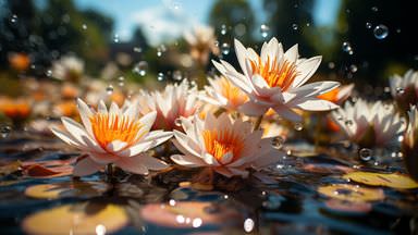 The image features a serene pond filled with blooming water lilies. The flowers have striking white petals and bright orange centers, creating a beautiful contrast against the dark water. There are droplets of water splashing around, suggesting gentle movement on the surface. In the background, lush greenery is visible, illuminated by natural sunlight. Overall, the scene conveys a tranquil and picturesque natural setting.