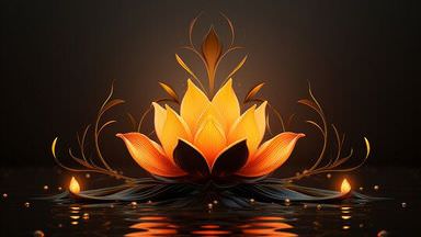 The image features a stylized, illuminated lotus flower with petals in shades of orange and yellow, set against a dark background. The lotus is surrounded by delicate, curved elements resembling plant leaves or tendrils. Below the lotus, there is a reflective surface, creating a shimmering effect reminiscent of water, with small light spots that enhance the tranquil atmosphere. Overall, the composition suggests a serene and artistic vibe.