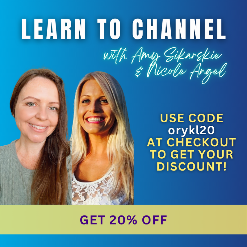 The image is a promotional graphic for a channeling program. It features two women, one with long brown hair and the other with long blonde hair. The background is a gradient of blue and purple. Text on the image includes "LEARN TO CHANNEL" at the top, followed by the names of the women involved. There’s a call to action that offers a discount code and mentions a 20% discount. The overall design is bright and inviting.