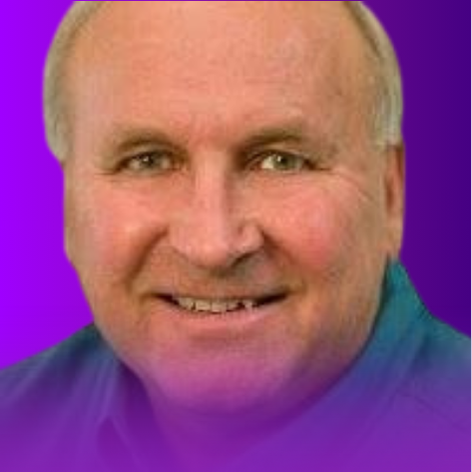 The image appears to be a close-up portrait of a man smiling. He has short, light-colored hair and is wearing a blue shirt. The background is a gradient of purple colors, creating a vibrant and colorful effect.