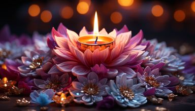 The image features a decorative arrangement centered around a lit candle, which is surrounded by colorful, vibrant flowers that resemble lotus blooms. The flowers are in shades of pink, purple, and blue, with intricate details and golden accents. The background appears to have a warm glow, likely from additional candles, creating a serene and tranquil atmosphere.