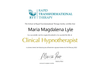 The image is a certificate from the School of Rapid Transformational Therapy. It certifies that an individual named Maria Magdalena Lyle has met the requirements to be awarded the title of Clinical Hypnotherapist. The certificate includes a signature, a date of issuance (9th February 2022), and a graduate number. The design features a blue logo and is formatted with a clear and professional layout.