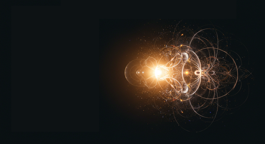 The image features an abstract design that appears to represent a burst of energy or light. It has a dark background, with swirling lines and shapes that radiate from a central bright point, resembling glowing orbs and intricate patterns. The colors primarily include shades of orange and yellow, along with hints of white and hints of other colors in the details, giving it a vibrant and dynamic feel. The overall composition suggests a sense of movement and energy, akin to visualizations of scientific concepts like particle interactions or cosmic phenomena.