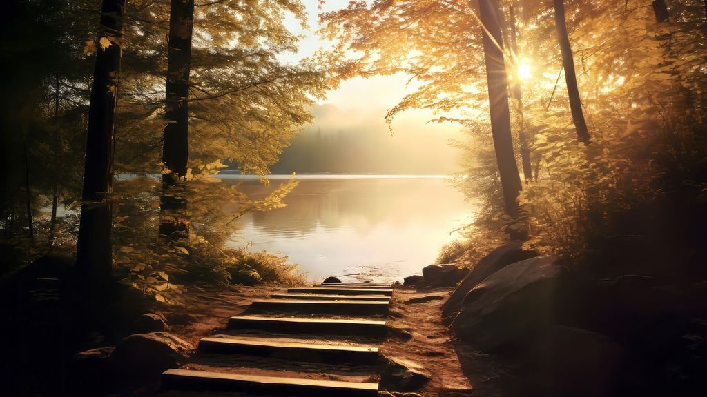 The image depicts a serene natural landscape featuring a pathway made of wooden steps leading towards a tranquil body of water. Surrounding the path are trees with vibrant autumn foliage, illuminated by soft sunlight that creates a warm, golden atmosphere. The water appears calm and reflects the natural scenery, enhancing the peaceful ambiance of the setting.