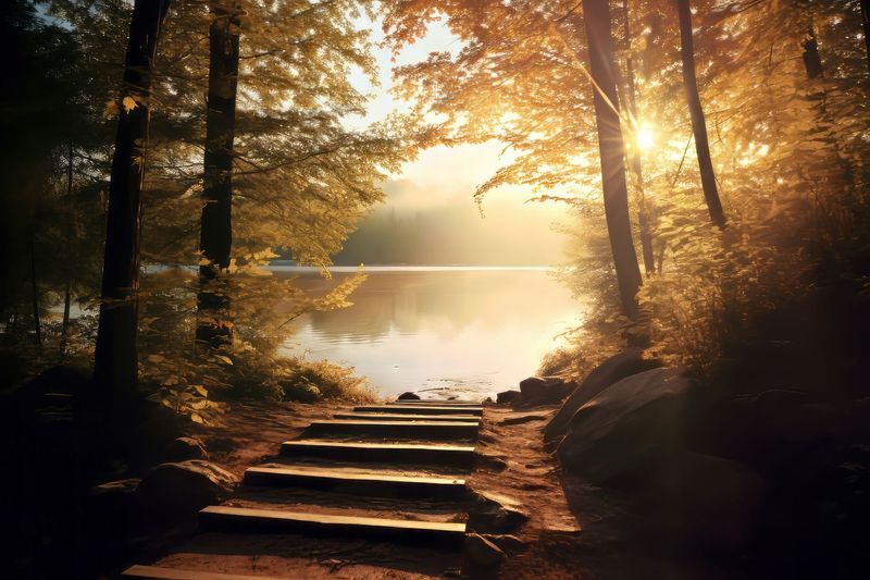 The image depicts a serene natural landscape featuring a pathway made of wooden steps leading towards a tranquil body of water. Surrounding the path are trees with vibrant autumn foliage, illuminated by soft sunlight that creates a warm, golden atmosphere. The water appears calm and reflects the natural scenery, enhancing the peaceful ambiance of the setting.
