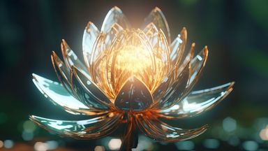 The image depicts a glowing lotus flower, characterized by translucent petals that have a glass-like appearance. The flower is illuminated from within, emitting a warm light. It is situated on a reflective surface, possibly water, surrounded by a softly blurred green background that suggests a natural, serene environment. The overall composition conveys a sense of tranquility and beauty.