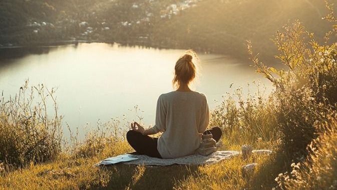 The image depicts a person sitting in a meditative pose on a blanket in a grassy area. They are facing a beautiful landscape that features a lake surrounded by mountains. The scene is illuminated by warm sunlight, creating a serene and peaceful atmosphere. Flowers are visible in the foreground, adding to the natural setting.