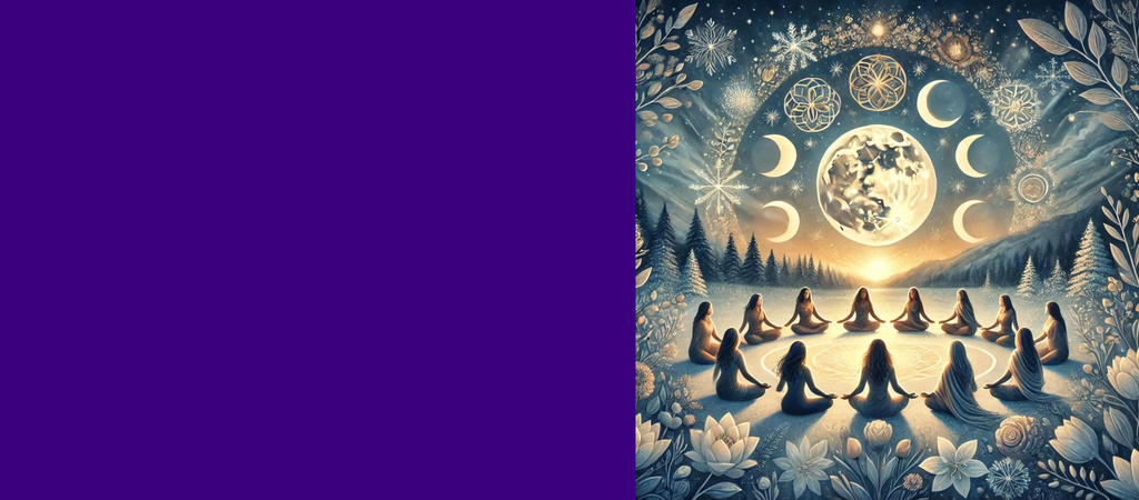 The image depicts a serene and mystical scene featuring several figures sitting in a circular formation, likely in a meditative or ceremonial setting. They are surrounded by natural elements such as flowers and trees, and there are symbolic representations of the phases of the moon, stars, and intricate patterns in the background. The overall color scheme is soft and warm, suggesting a peaceful atmosphere.