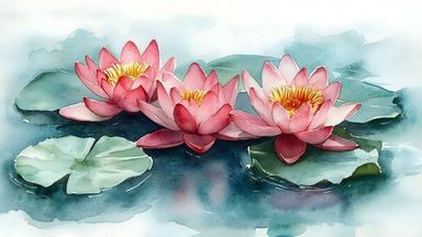 The image depicts three pink water lilies blooming on a calm surface of water, surrounded by green lily pads. The background has soft blue and white hues, creating a serene and tranquil atmosphere. The painting is done in a watercolor style, emphasizing the delicate beauty of the flowers and the reflections in the water.