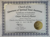 The image shows a certificate of ordination from the Church of the Movement of Spiritual Inner Awareness. The certificate includes decorative borders and is titled "Certificate of Ordination." It certifies that a person has been ordained into the church on July 1, 2018. It features signatures, titles of officials (President, Vice President, Secretary), and a gold seal on the bottom left.