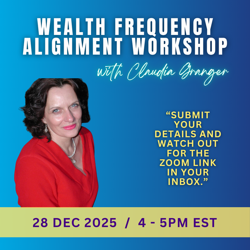 The image features a promotional graphic for a workshop titled "Wealth Frequency Alignment Workshop." It includes the date and time of the event (28 Dec 2025, 4-5 PM EST) along with instructions to submit details to receive a Zoom link. There is a photograph of a woman with dark hair wearing a red top, and the background is a gradient of blue and purple. The text is a mix of bold and script fonts.