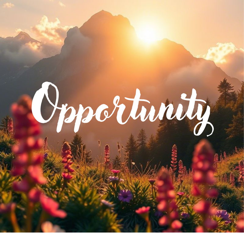The image depicts a picturesque landscape featuring a mountain range in the background, illuminated by a warm, golden sunrise. In the foreground, there are colorful flowers, primarily pink and purple, creating a vibrant field of flora. The word "Opportunity" is prominently overlaid in a stylish, cursive font, adding emphasis to the inspirational theme of the image.