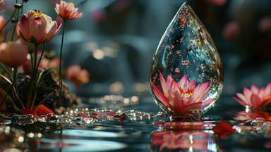 The image depicts a serene water scene featuring water lilies and a large, teardrop-shaped crystal or droplet. The crystal appears to be filled with bubbles, reflecting light and creating a shimmering effect. Surrounding the droplet are vibrant pink water lilies, their petals delicately open, floating on a calm water surface. The background is slightly blurred, enhancing the focus on the crystal and flowers, contributing to an overall tranquil and picturesque atmosphere.