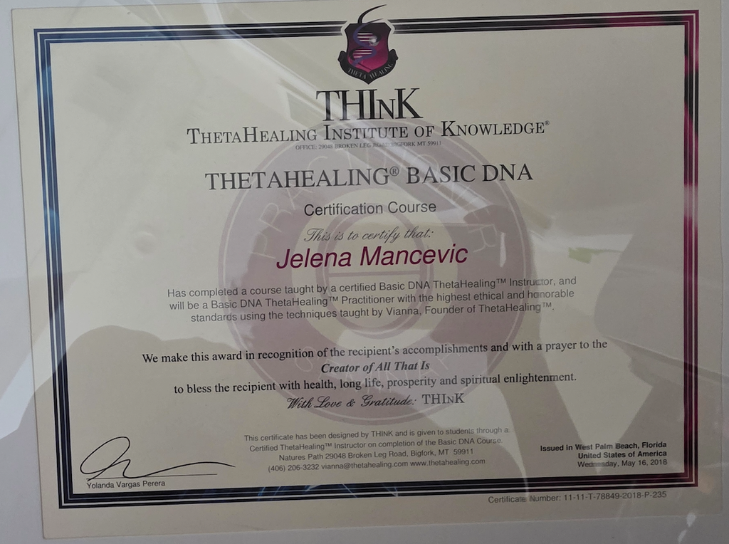 The image shows a certification diploma from the ThetaHealing Institute of Knowledge (THInK). It certifies completion of the "ThetaHealing Basic DNA" course. The document includes the recipient's name, a statement regarding their accomplishments, and an expression of well wishes for health, longevity, prosperity, and spiritual enlightenment. It is signed and dated, and features a decorative design with the organization's logo. The certificate was issued in West Palm Beach, Florida.