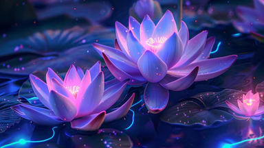 The image features water lilies in a serene water setting. The lilies have vibrant pink and purple hues, with soft glowing elements that create a dreamy atmosphere. The background consists of dark water and lily pads, enhancing the luminous effect of the flowers. There are subtle sparkles or light effects around the lilies, adding to the magical feel of the scene.