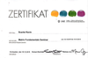 The image is a certificate titled "ZERTIFIKAT," indicating that the recipient successfully participated in a course called "Matrix Fundamentals Seminar." The certificate includes the dates of the seminar, which took place from October 16 to October 18, 2015. It contains signatures from Richard Bartlett and Melissa Joy, indicating the course leaders. The design has colorful dots at the top, and the document is formatted in a formal style.