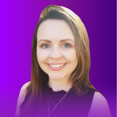The image shows a woman with long, straight hair, smiling at the camera. She has a light complexion and is wearing a black top. The background is a gradient that transitions from a deep purple at the top to a lighter shade at the bottom. The overall tone of the image is bright and cheerful.