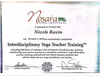 The image shows a certificate from the Nosara Yoga Institute. It certifies that an individual has completed the Interdisciplinary Yoga Teacher Training on December 5, 2009. The certificate highlights that the training included 200 hours of instruction in various aspects of yoga, such as teaching techniques, postures, conditioning movements, pranayama, relaxation, meditation, yoga philosophy, practice teaching, and ethical business practices. The certificate is signed by two individuals, Ambra Stapleton and Don Stapleton, Ph.D.