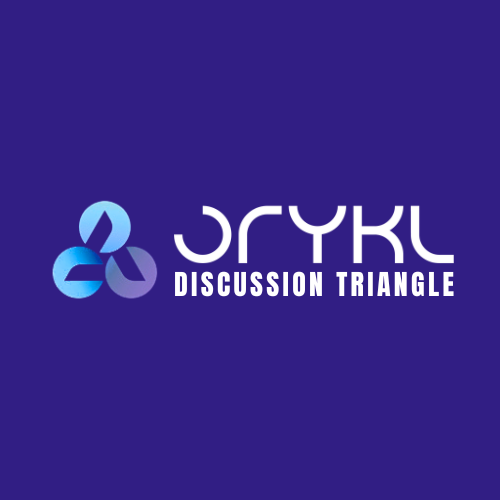 The image features a logo with a stylized design consisting of three interconnected shapes in shades of blue. Next to the logo, the text “DRYKL DISCUSSION TRIANGLE” is displayed in bold, modern typography. The background is a solid shade of purple.