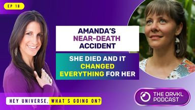 The image appears to be a promotional graphic for a podcast episode. It features two women, one with long dark hair and the other with medium-length hair, wearing stylish clothing. The background is colorful, with purple and green tones. Text in the image highlights themes related to a near-death accident and personal transformation, indicating that the episode discusses a significant life-changing event. The podcast title and episode number are also present.