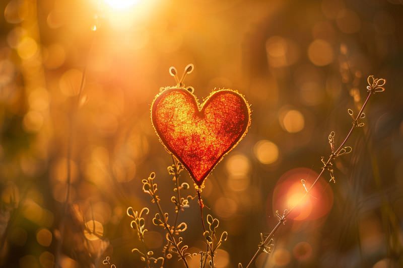 The image features a heart-shaped object in a vibrant red color, positioned amongst slender green plants or grass. The background is illuminated by a warm, golden light, suggesting a sunset or sunrise. The scene has a soft, dreamy quality with a bokeh effect, resulting in a pleasing mix of light and warmth.