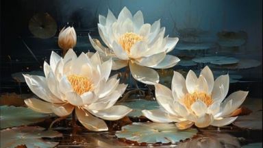 The image features three white water lilies with large, open petals and yellow centers. They are surrounded by green lily pads and are reflected in a tranquil body of water. One of the lilies appears to have a closed bud nearby. The overall color palette includes soft blues and warm tones, creating a serene atmosphere.