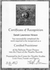 The image is a certificate of recognition from the Center for Akashic Studies. It acknowledges that an individual named Sarah Lawrence Hinson has successfully completed the necessary work to be recognized as a Certified Practitioner of the Pathway Prayer Process into the Heart of the Akashic Records. The certificate is dated April 16, 2013, and it is presented by Linda Howe, the founder and director. The design includes a logo featuring a globe and decorative elements around the edges.