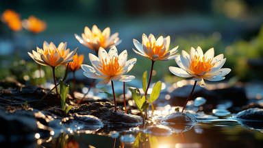 The image features a serene scene of water lilies blooming on the surface of a pond. The flowers have white petals with vibrant orange centers, gently illuminated by sunlight. Surrounding the lilies are green leaves and reflections in the calm water, creating a peaceful natural atmosphere. The background is softly blurred, enhancing the focus on the flowers.