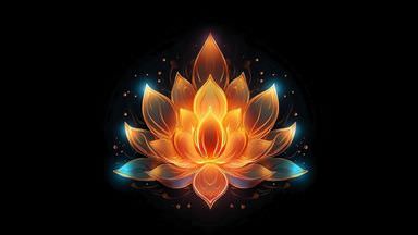 The image features a stylized lotus flower design, depicted with glowing shades of orange, yellow, and hints of turquoise. The lotus has multiple petals arranged symmetrically, radiating outward, and is set against a black background which enhances its luminous quality. The overall aesthetic conveys a sense of calm and spiritual significance, often associated with peace and enlightenment.