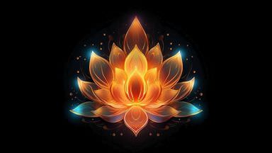 The image features a stylized lotus flower design, depicted with glowing shades of orange, yellow, and hints of turquoise. The lotus has multiple petals arranged symmetrically, radiating outward, and is set against a black background which enhances its luminous quality. The overall aesthetic conveys a sense of calm and spiritual significance, often associated with peace and enlightenment.