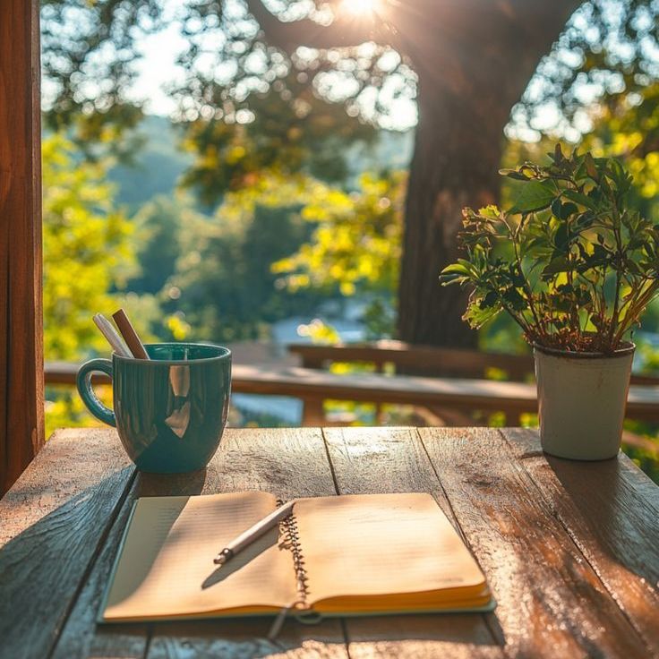 The image features a serene outdoor scene viewed from a wooden deck or table. In the foreground, there's a cup, possibly containing a beverage, and an open notebook with a pen resting on it. To the side, there’s a small potted plant. The background showcases a large tree with sunlight filtering through its leaves, creating a warm and inviting atmosphere. The overall setting suggests a peaceful and contemplative space, ideal for writing or reflection.