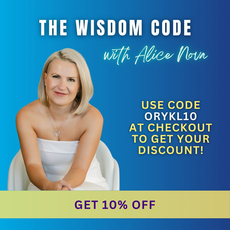 The image features a promotional graphic for a program called "The Wisdom Code." It includes a woman's portrait, with her smiling and wearing a white off-shoulder top. The background is a gradient of blue shades. Text on the image invites viewers to use a discount code and mentions a 10% discount offer.
