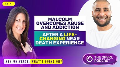 The image appears to promote a podcast episode. It features two individuals, one on the left with long dark hair and the other on the right with a shaved head and a beard. The text prominently displays the title “Malcolm Overcomes Abuse and Addiction” and mentions a “Life-Changing Near Death Experience.” The background is colorful, including shades of purple, and there is a logo for the podcast titled "The Orykl Podcast" at the bottom.