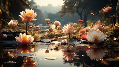 The image depicts a serene scene of a pond filled with various water lilies. The lilies are in bloom, showcasing soft colors like white, pink, and hints of yellow. The water is calm and reflective, mirroring the flowers above. Surrounding the pond are lush green plants and trees, creating a tranquil natural atmosphere. The background features distant mountains, suggesting a peaceful landscape. The lighting appears warm, enhancing the beauty of the scene.