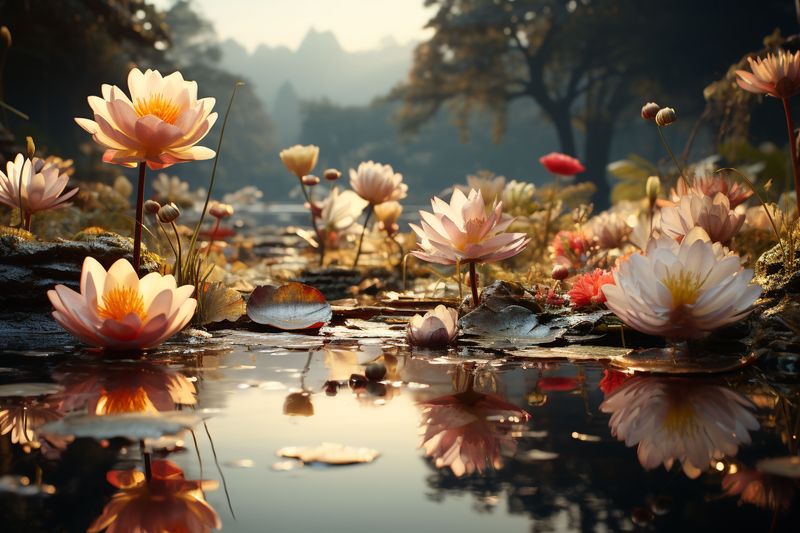 The image depicts a serene scene of a pond filled with various water lilies. The lilies are in bloom, showcasing soft colors like white, pink, and hints of yellow. The water is calm and reflective, mirroring the flowers above. Surrounding the pond are lush green plants and trees, creating a tranquil natural atmosphere. The background features distant mountains, suggesting a peaceful landscape. The lighting appears warm, enhancing the beauty of the scene.