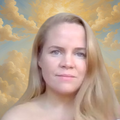 The image features an individual with long, blonde hair and blue eyes, wearing a soft pink top. The background consists of a sky with a gradient of colors and fluffy clouds, creating a serene and ethereal atmosphere. The person's expression is neutral and direct, focusing on the viewer.