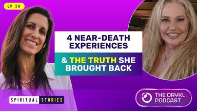 The image is a promotional graphic for a podcast episode titled "4 Near-Death Experiences & The Truth She Brought Back." It features two women, one on the left with long dark hair and a white blouse, and the other on the right with long blonde hair. The background includes a purple tone with text elements highlighting the episode's theme. There are also logos for the podcast, identified as "THE ORYKL PODCAST," and a section labeled "SPIRITUAL STORIES."