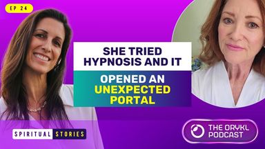 The image appears to be a promotional graphic for a podcast episode titled "She Tried Hypnosis and It Opened an Unexpected Portal." It features two women, one on the left smiling and the other on the right. The background includes colorful elements, and text boxes convey the episode's title and branding for the podcast, identified as "Spiritual Stories" and "The Orykl Podcast." The overall design is vibrant, with a mix of purple and other colors.
