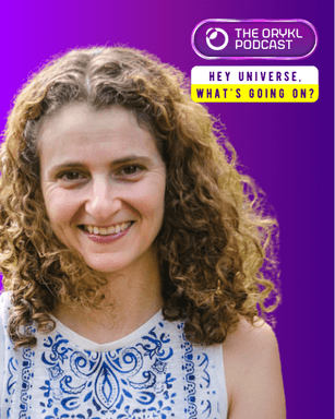 The image features a woman with curly hair, smiling. She is wearing a light-colored top with a decorative pattern. The background is a gradient of purple, and there is text overlaying the image that includes the title "THE ORYKL PODCAST" and the phrase "HEY UNIVERSE, WHAT'S GOING ON?" The overall design gives a lively and engaging feel, likely promoting a podcast episode.