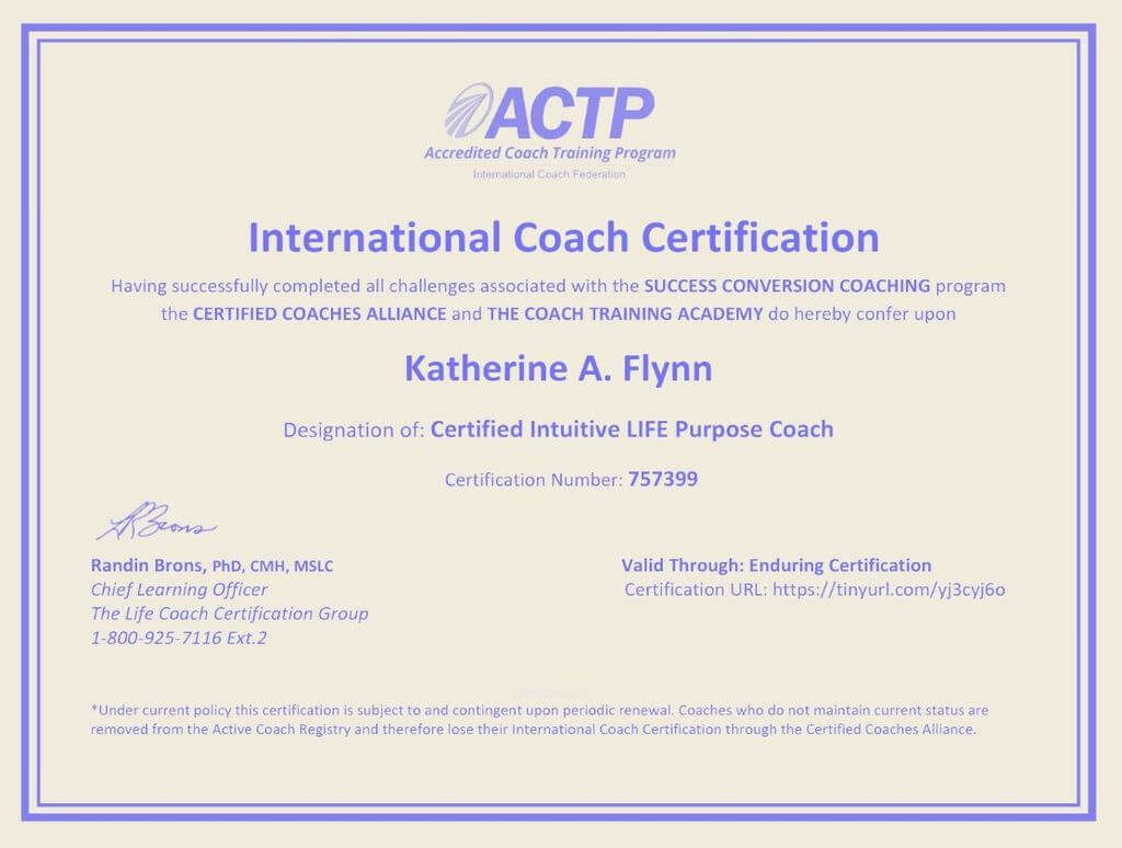 The image is a certification document titled "International Coach Certification." It states that the individual has completed the necessary requirements associated with specific coaching programs. The document includes a name, a designation for a coaching specialty, and a certification number. It also features signatures and titles of official signatories, the validity of the certification, and a URL for verification. The overall design has a border and is presented in a light color scheme with textual information clearly laid out.