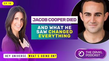 The image features a podcast promotional graphic. It includes two people: one is a woman with long dark hair, and the other is a man with short hair. The background is purple, and various text elements highlight a theme related to an individual named Jacob Cooper who experienced a life-changing event. The text mentions "JACOB COOPER DIED" and "AND WHAT HE SAW CHANGED EVERYTHING." The podcast is titled "THE ORYKL PODCAST," and there is also a decorative element at the bottom that says "HEY UNIVERSE, WHAT’S GOING ON?" The overall layout suggests it is an episode promotion related to personal experiences or insights.