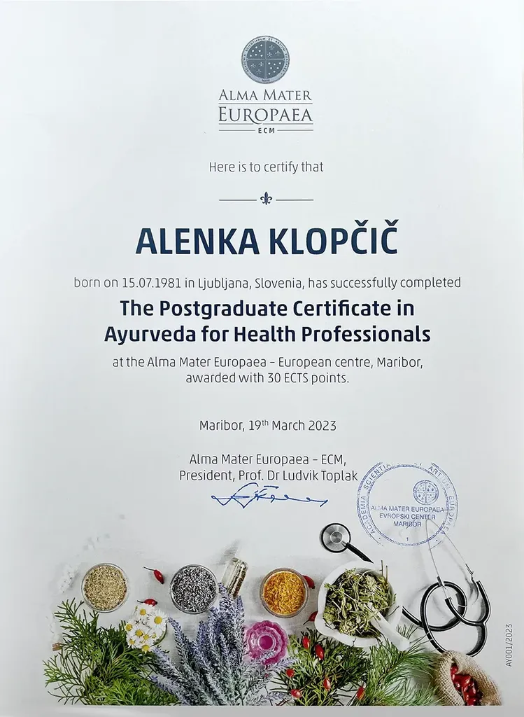 The image is a certificate issued by Alma Mater Europaea. It certifies the completion of a postgraduate certificate in Ayurveda for health professionals. The document includes the person's name, date of birth, completion details, date of issuance (19th March 2023), and relevant academic information. At the bottom, various herbs and plants are illustrated, likely symbolizing the Ayurveda theme. Additionally, it features official seals and signatures.