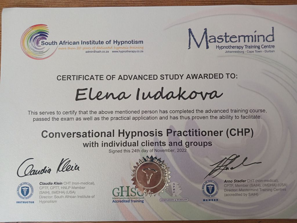 The image is a certificate from the South African Institute of Hypnotism, awarded for advanced study. It recognizes the completion of a training course in Conversational Hypnosis Practitioner (CHP) for individual clients and groups. The certificate includes signatures from instructors and bears an official seal. It is dated November 24, 2022. The design features the institute's logo and is presented in a formal layout.