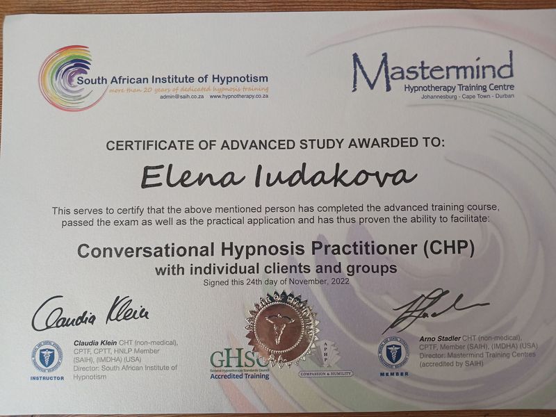 The image is a certificate from the South African Institute of Hypnotism, awarded for advanced study. It recognizes the completion of a training course in Conversational Hypnosis Practitioner (CHP) for individual clients and groups. The certificate includes signatures from instructors and bears an official seal. It is dated November 24, 2022. The design features the institute's logo and is presented in a formal layout.