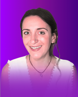 The image features a woman with a friendly expression, smiling directly at the viewer. She has dark hair that is partially pulled back. The background is a gradient that transitions from a darker purple on the left to a lighter purple on the right. The woman is wearing a sleeveless, white top, and has a necklace around her neck. The overall vibe of the image is bright and positive.