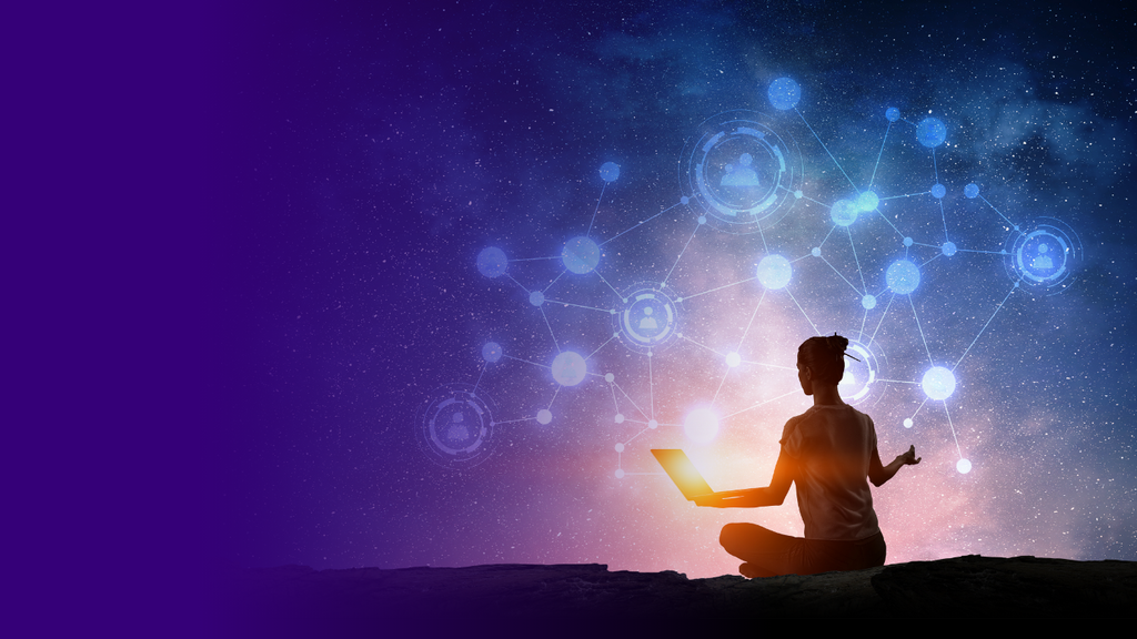 The image features a silhouette of a person sitting in a meditative pose on a rocky surface, holding a laptop. Behind the person is a cosmic background with stars and a swirling galaxy. Overlaying this scene are digital network elements, represented by connected nodes and icons, suggesting themes of technology, connectivity, and the digital landscape. The left side of the image has a gradient from purple to darker shades, enhancing the cosmic effect.